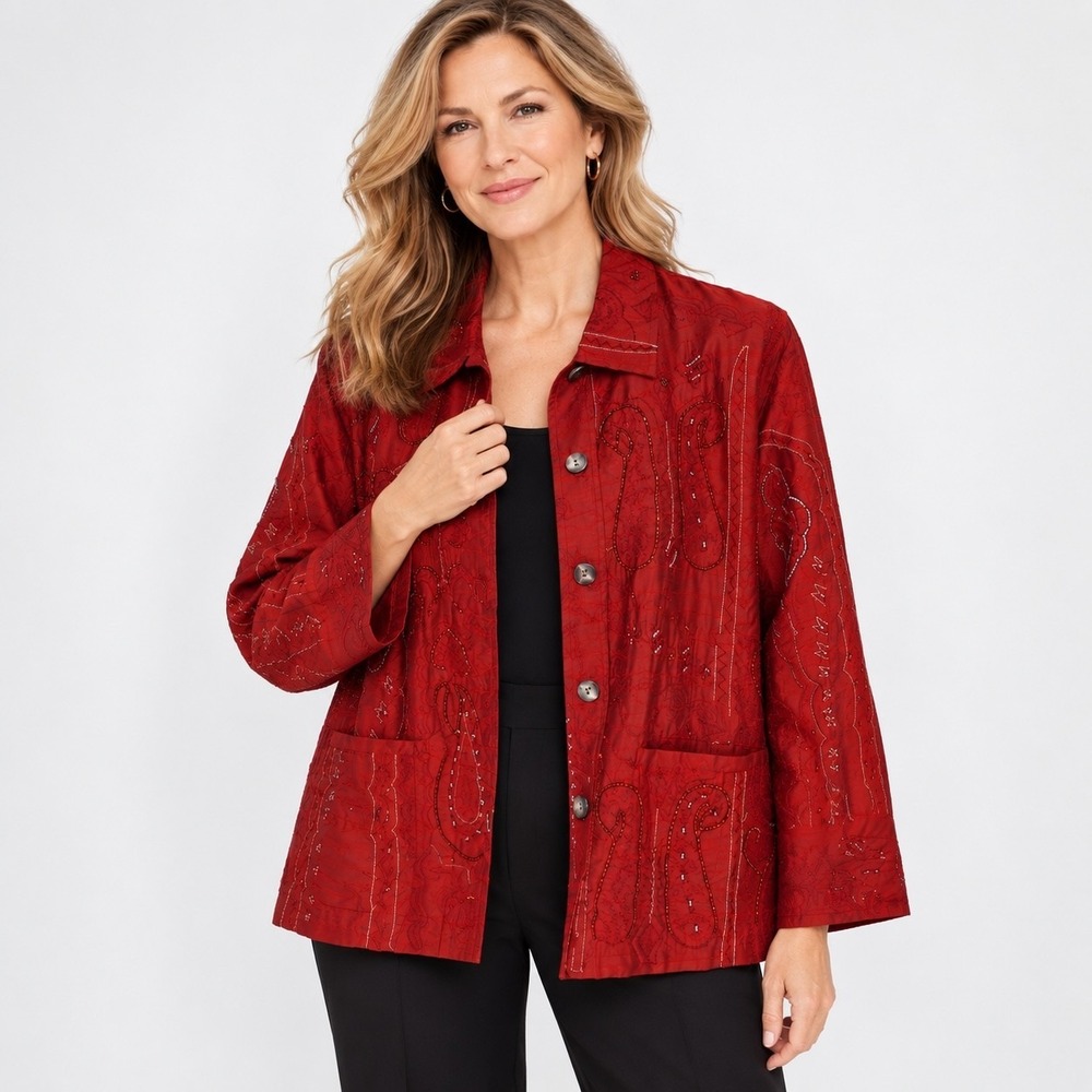 Chicos 100% Silk Jacket Women 1 S Red Beaded Embroidered Artwear Evening Holiday